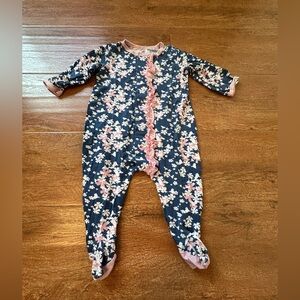 Magnetic Me Navy Floral Ruffle Footie with Pink Trim